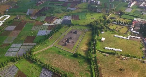 Drone Schot Recht Uit Bezoekers Van Arjuna Tempel Complex Dieng — Stockvideo