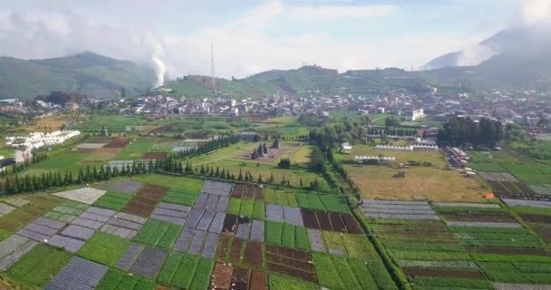 Achterwaartse Drone Shot Van Dieng Plateau Centraal Java Met Uitzicht — Stockvideo