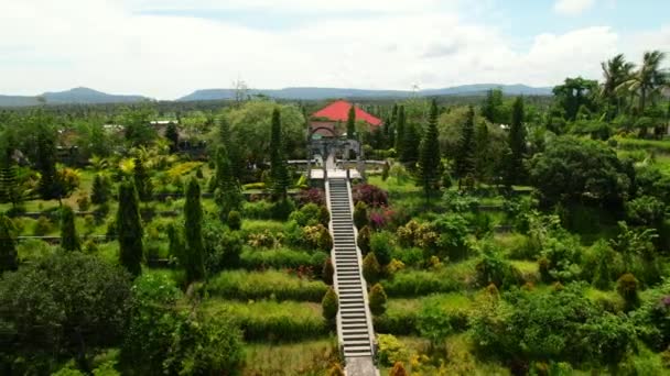Aérea Escalera Alta Rodeada Por Jardín Palacio Agua Taman Ujung — Vídeos de Stock