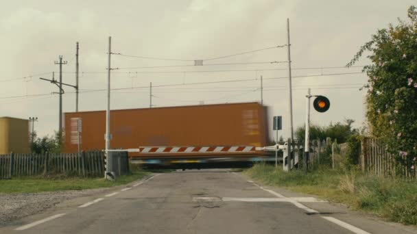 Treno Merci Passa Rallentatore Passaggio Livello Mezzo Alla Campagna Semaforo — Video Stock