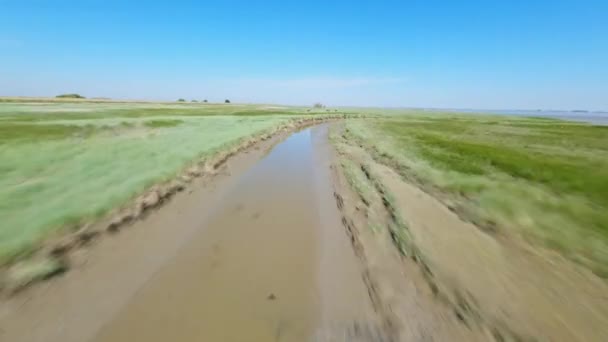 Fpv Drone Schot Volgen Van Een Modderige Smalle Rivier Cirkelen — Stockvideo