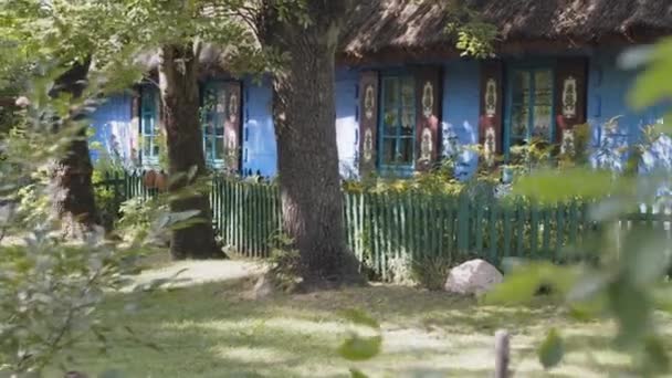茅葺屋根の木造小屋 窓のシャッターに伝統的な装飾が施された木造の家 — ストック動画