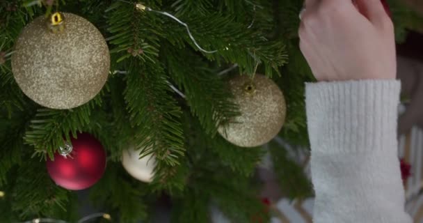 Siguiendo Las Manos Mientras Decoran Hermoso Pino Fresco Árbol Navidad — Vídeo de stock