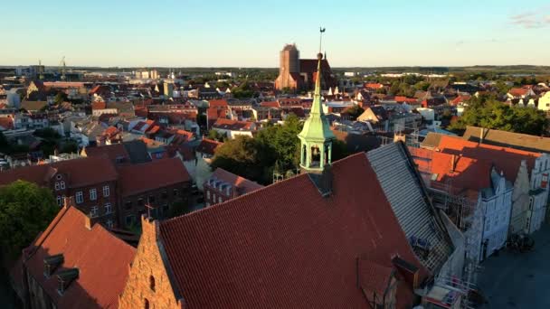 Brick Church Bell Tower Weather Rooster Construction Work Great Aerial — Stock Video