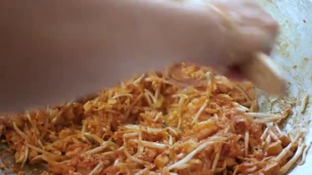Pov Tijdens Het Koken Fry Pad Thai Keuken Beroemd Straatvoedsel — Stockvideo