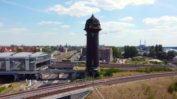 Old Brown Brick Water Tower Trainstation Berlin Ostkreuz Wonderful Aerial — Stock Video