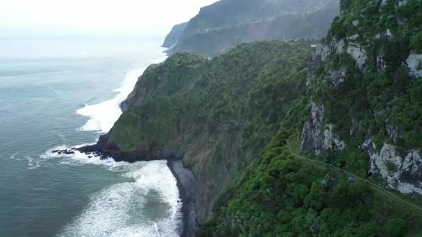 Três Amigos Caminham Juntos Beira Montanha Madeira Durante Dia Nublado — Vídeo de Stock