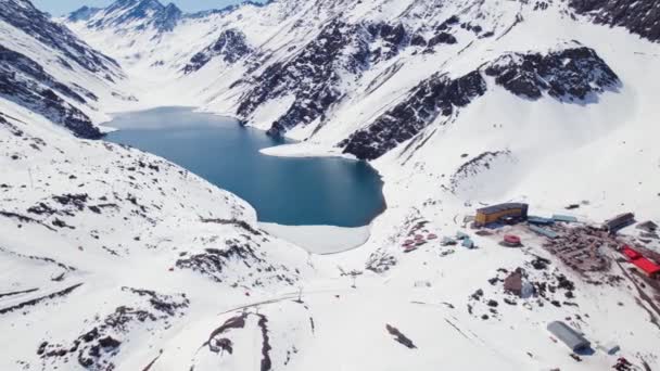 Vinter Scene Laguna Del Inca Andesbjergene Chile Sydamerika Antenne Drone – Stock-video