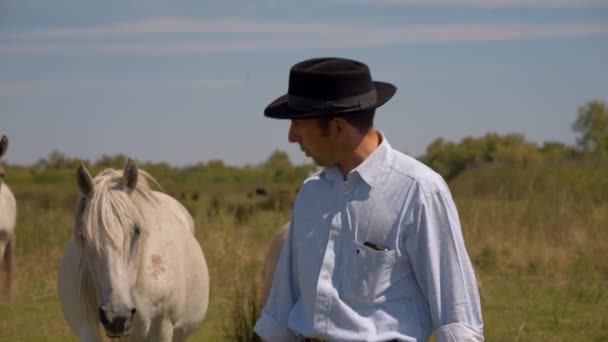 Cowboy Levando Cavalos Volta Para Rancho — Vídeo de Stock