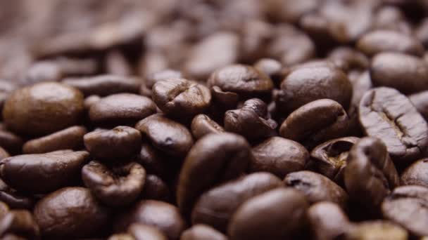 Statische Nahaufnahme Vieler Luxuriöser Aromatischer Dunkler Kaffeebohnen Flachen Fokus — Stockvideo