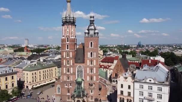 Marien Basilika Bazylika Mariacka Uhrenturm Hauptplatz Krakau Polen Eine Polnische — Stockvideo