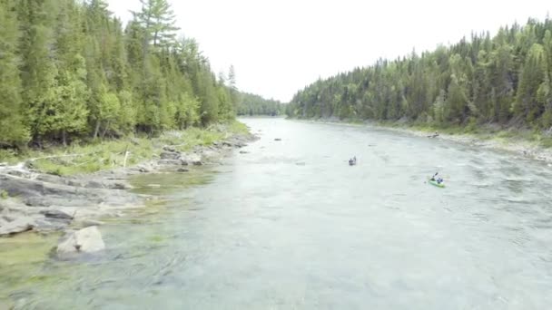 Drone Volando Río Abajo Hermoso Paisaje Verano Canoa Kayak Bajando — Vídeo de stock