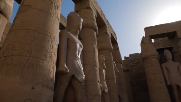 俯瞰埃及卡尔纳克神殿建筑群中的砂岩柱和雕像 — 图库视频影像