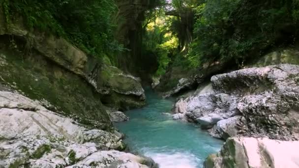 Fliegen Durch Den Fluss Abasha Der Zwischen Bemoosten Felsen Martvili — Stockvideo
