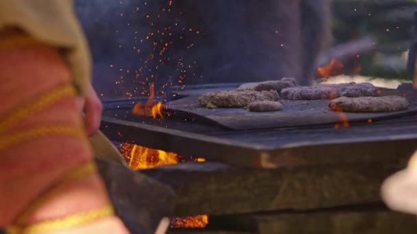 Roasting Steaks Wood Burning Fire Grill Slow Motion Smoke Embers — Stock Video