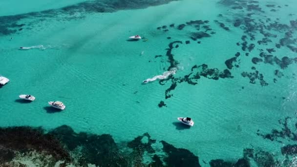 在墨西哥海域的妇女岛航行的海浪滑翔机的航拍 很少看到白色的游艇漂浮在碧绿的水面上 — 图库视频影像