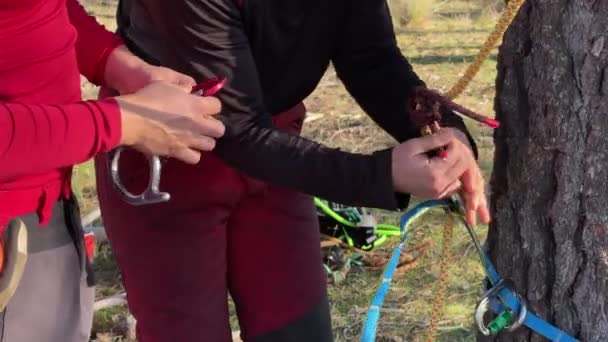 高さの剪定や園芸のために スペインの森で男と女の手を密接に結ぶ結び目 — ストック動画
