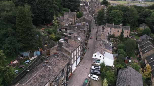 Drohnen Überkopfvideo Aufgenommen Haworth Village Der Hauptstraße West Yorkshire Heimat — Stockvideo