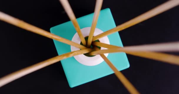 ターコイズの木の棒で回転する部屋の香りディフューザーのバードスアイショット — ストック動画