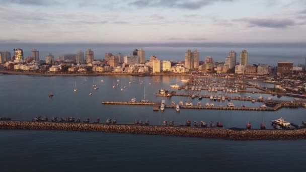 Flygdrönare Panorama Bild Vackra Belysning Stadsbyggnader Och Hamnen Punta Del — Stockvideo