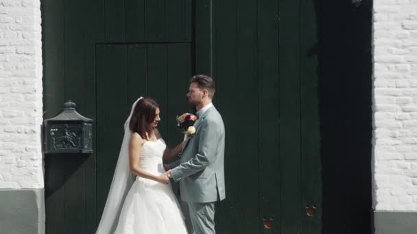 Romantikus Jelenet Egy Házaspár Zöld Kapuja Előtt Thornban Hollandiában — Stock videók