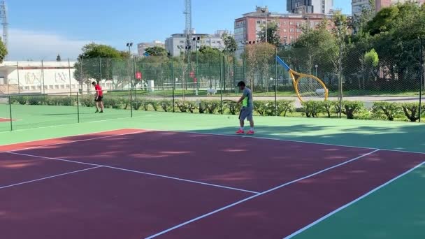 테니스 Servers Hitting Ball Racquet Training Match 선수는 성공적으로 승리를 — 비디오