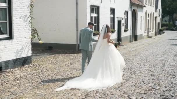 Hermosa Pareja Boda Caminando Una Ciudad Holandesa Blanca Los Países — Vídeo de stock