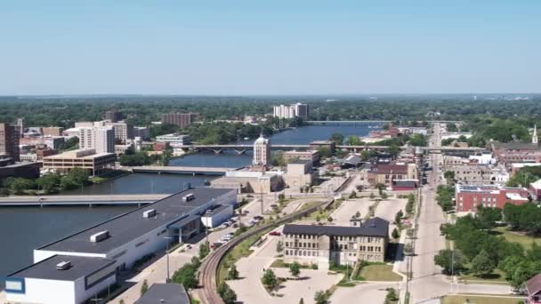 Aerial View Rockford Usa Downtown Neighborhoods Rock River Riverbanks Drone — Stock Video