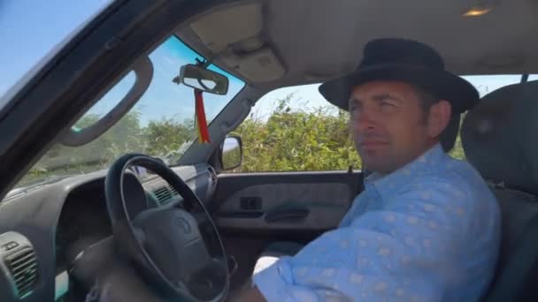 Cowboy Man Getting Out Car Start His Work Day Morning — Stock Video