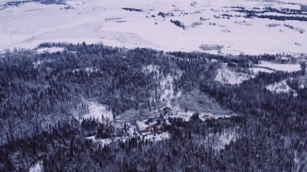 Weit Entfernte Drohnenaufnahme Eines Holzfällerlagers Inmitten Eines Riesigen Schneebedeckten Tals — Stockvideo