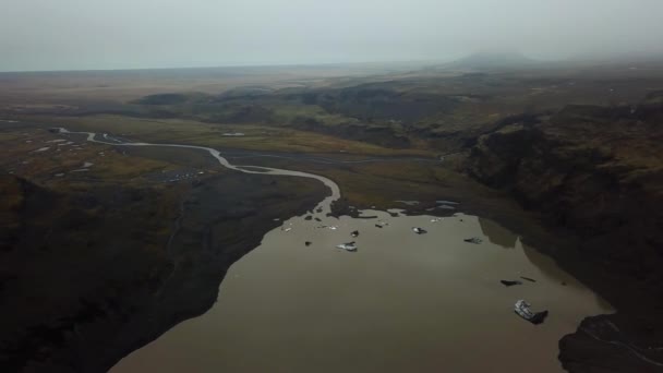 Vista Aérea Paisagem Água Que Flui Geleira Slheimajkull Islândia Verão — Vídeo de Stock