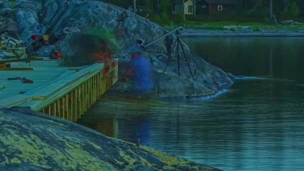 Timelapse Construction Workers Building Wooden Bridge Water Morning Blue Hour — Stock Video