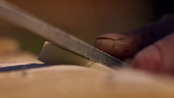 Egy Kézműves Bőrkeményedéses Kezei Formálására Szolgáló Reszelőt Használva Lassított Felvételben — Stock videók