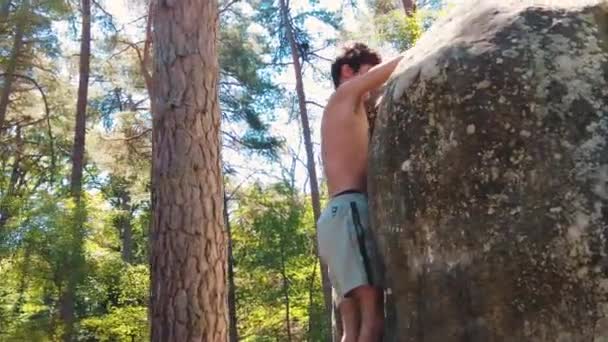 Shirtless Teenage Boy Topping Boulder Pine Forrest Fontainebleau Sun Flares — Stock Video