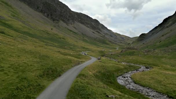 Drone Aerial Video One Cumbrias Highest Passes Honister Pass Forms — Stock Video