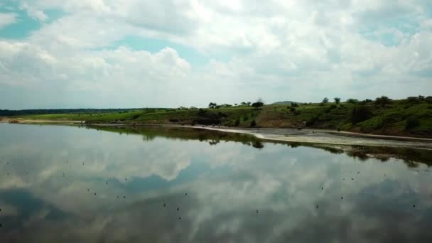 Tranquil Scenery Lake Magadi Tourists Riding Motorbikes Kenya Aerial Drone — Stock Video