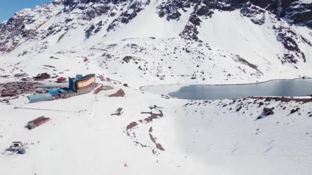 Sneeuwlandschap Chileense Andes Gebergte Ski Portillo Chili Las Condes Luchtfoto — Stockvideo