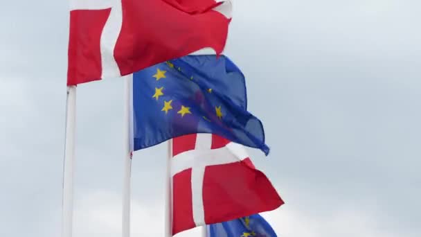 丹麦和欧盟的旗帜迎着乌云飘扬 2022年在丹麦埃斯博格举行的欧盟首脑会议 关门了 — 图库视频影像