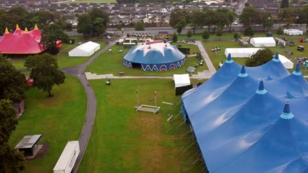 Aerial View Flying Colourful Music Concert Event Blue Marquee Entertainment — Stock Video