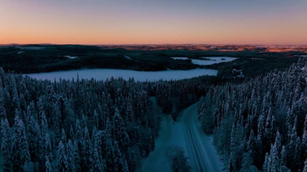 Luchtfoto Van Een Sneeuwscooter Een Besneeuwde Bergvallei Lapland Finland Omgekeerde — Stockvideo