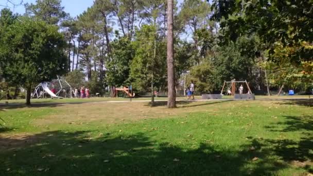 Rodiče Děti Hrají Veřejném Parku Zahradami Stromy Slunečného Letního Rána — Stock video