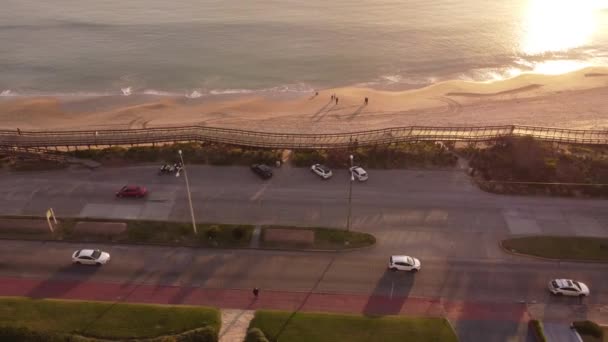 Aerial View People Walking Sandy Beach Coast Punta Del Este — Stock Video