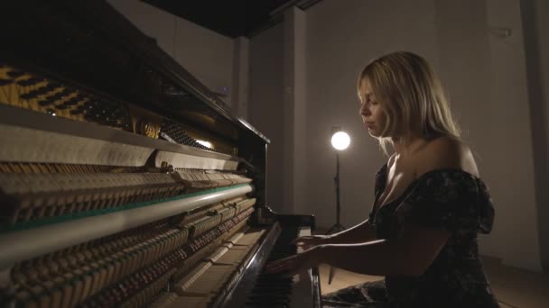 钢琴家弹起竖直的钢琴 开着的声板上显示着敲击琴弦的锤 — 图库视频影像