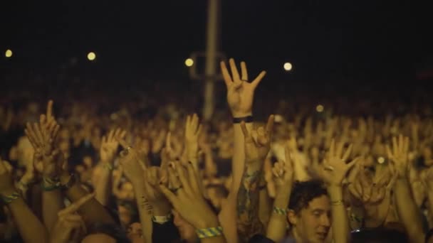 观众观看现场音乐会 在演出期间举手在晚上的舞台上在预算阶段 — 图库视频影像