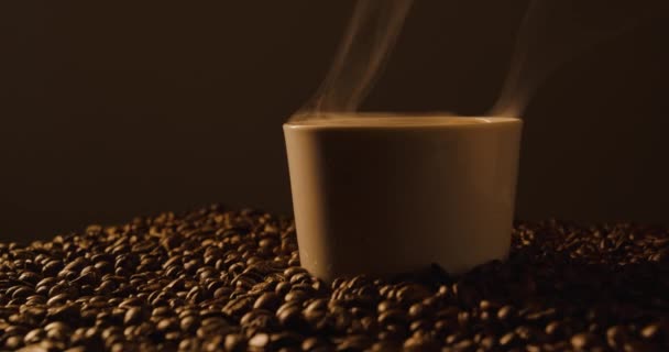Nízký Statický Záběr Kouřícího Šálku Kávy Obklopený Praženými Kávovými Zrny — Stock video