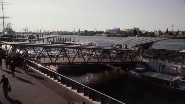 Turista Andando Ponte Hamburgo Landungsbrcken Início Manhã — Vídeo de Stock