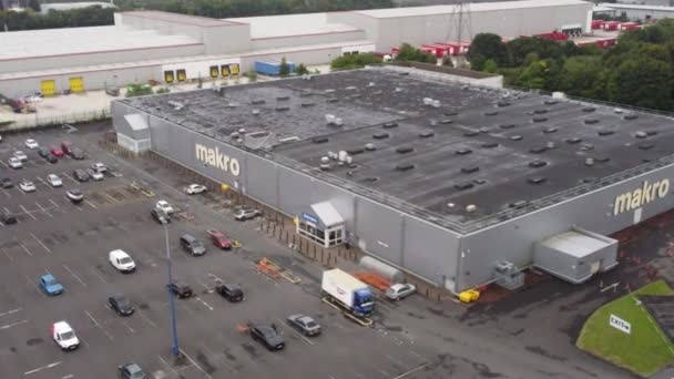 Antenn Stigande Makro Kontanter Och Bära Grossist Stormarknad Butik Exteriör — Stockvideo