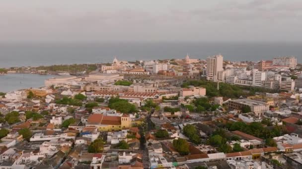 Filmati Aerei Movimento Concentrandosi Sul Centro Storico Cartegena Colombia — Video Stock