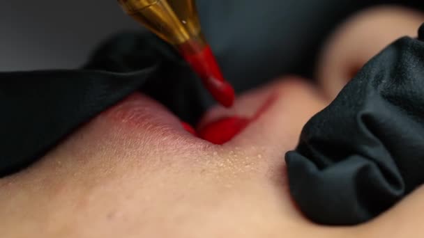 Tatuaje Labios Cerca Macro Cerca Salón Belleza — Vídeo de stock