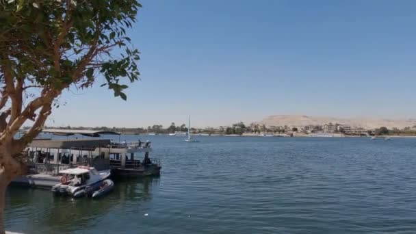 エジプトのルクソールのカルナック神殿近くのナイル川の観光船と帆船 — ストック動画